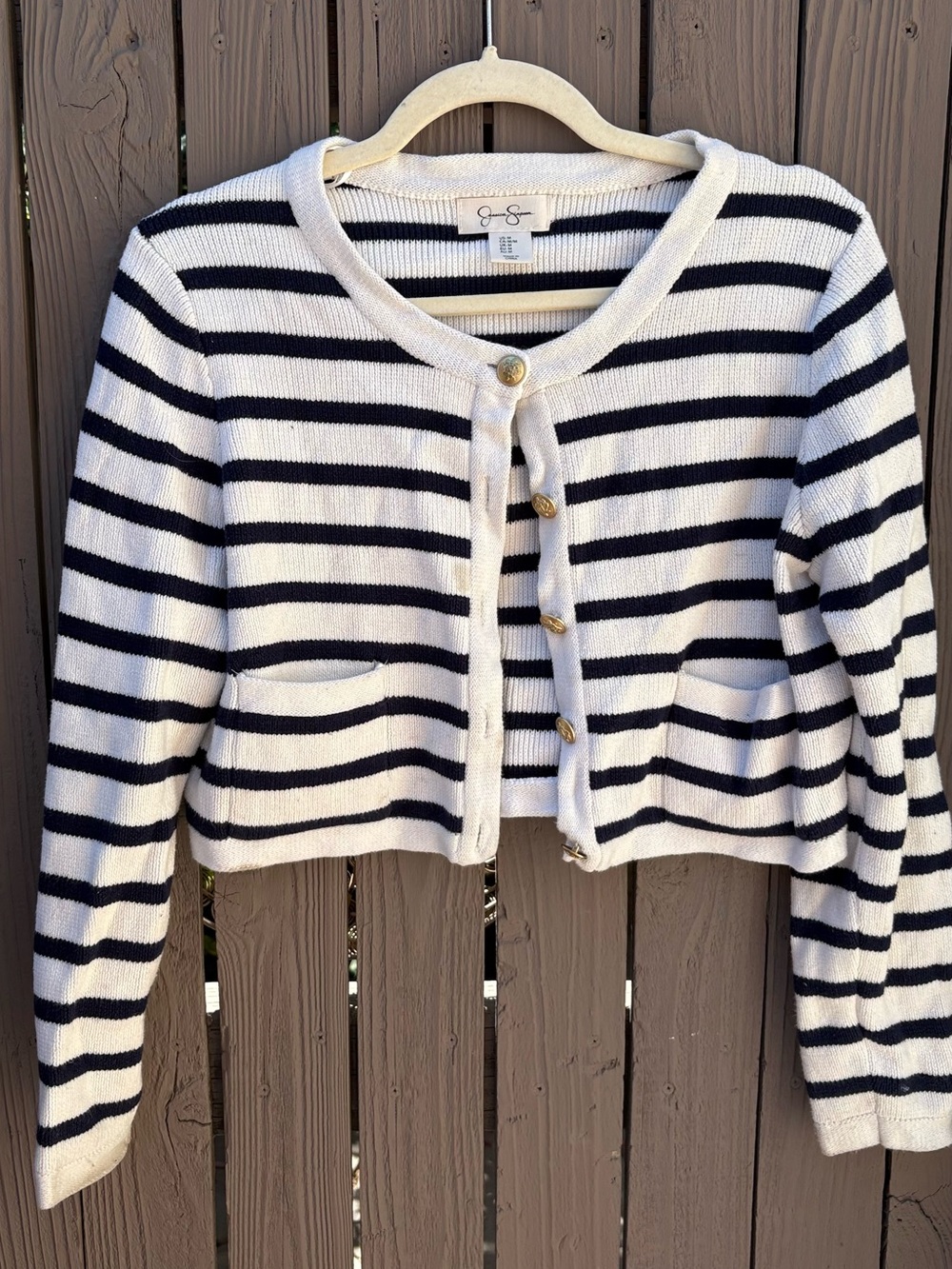 Jessica Simpson Navy and White Striped Cropped Button Cardigan